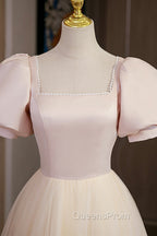 Cute Satin Tulle Long Evening Prom Dress, A-Line Short Sleeve Evening Dress