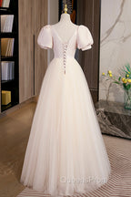 Cute Satin Tulle Long Evening Prom Dress, A-Line Short Sleeve Evening Dress