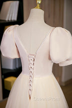 Cute Satin Tulle Long Evening Prom Dress, A-Line Short Sleeve Evening Dress