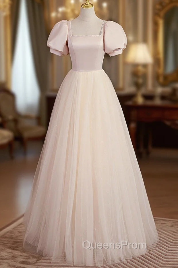 Cute Satin Tulle Long Evening Prom Dress, A-Line Short Sleeve Evening Dress Main image