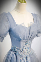 Cute Shiny Tulle Long Evening Prom Dress, A-Line Short Sleeve Evening Party Dress