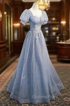Cute Shiny Tulle Long Evening Prom Dress, A-Line Short Sleeve Evening Party Dress