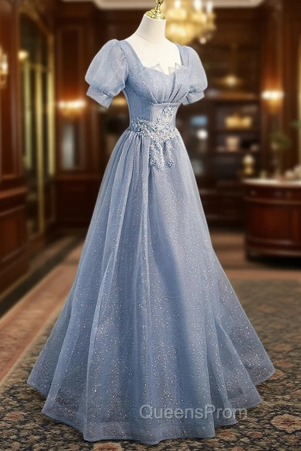Cute Shiny Tulle Long Evening Prom Dress, A-Line Short Sleeve Evening Party Dress