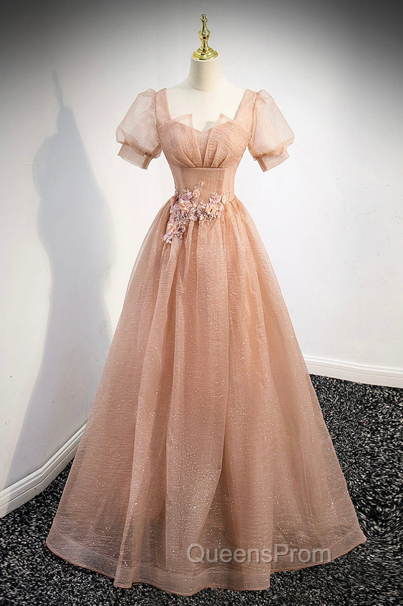 Cute Shiny Tulle Long Evening Prom Dress, A-Line Short Sleeve Evening Party Dress