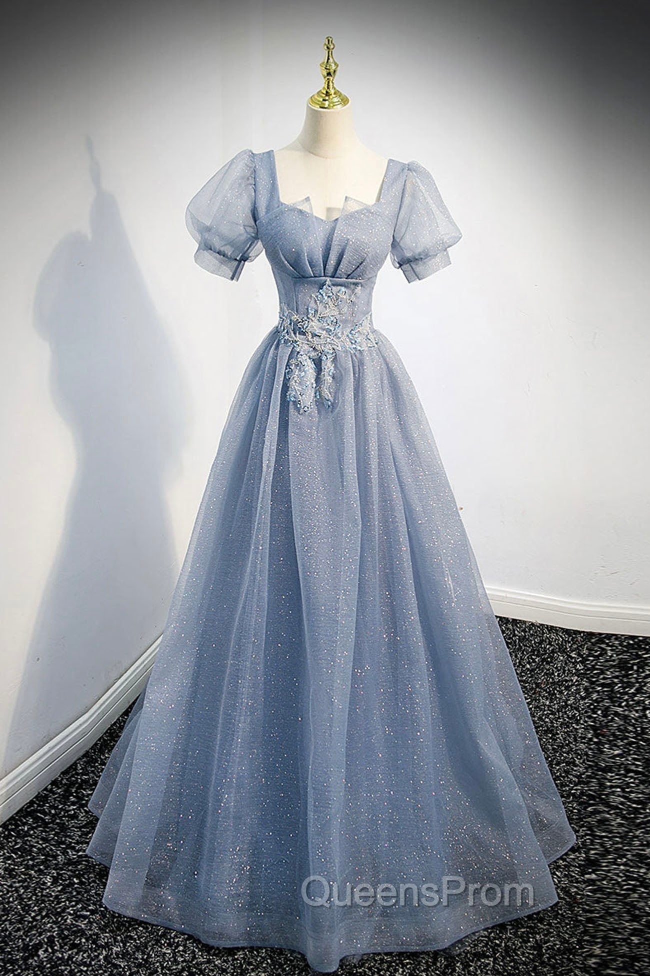 Cute Shiny Tulle Long Evening Prom Dress, A-Line Short Sleeve Evening Party Dress