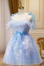 Cute Short Blue Lace Evening Prom Dress, Short Blue Lace Evening Graduation Dress