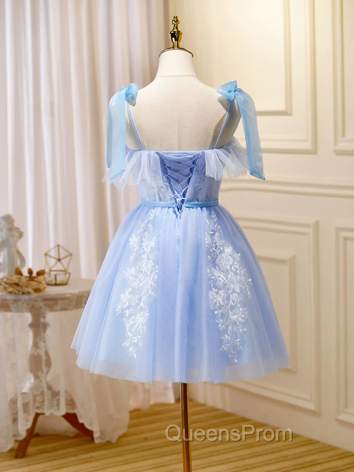 Cute Short Blue Lace Evening Prom Dress, Short Blue Lace Evening Graduation Dress
