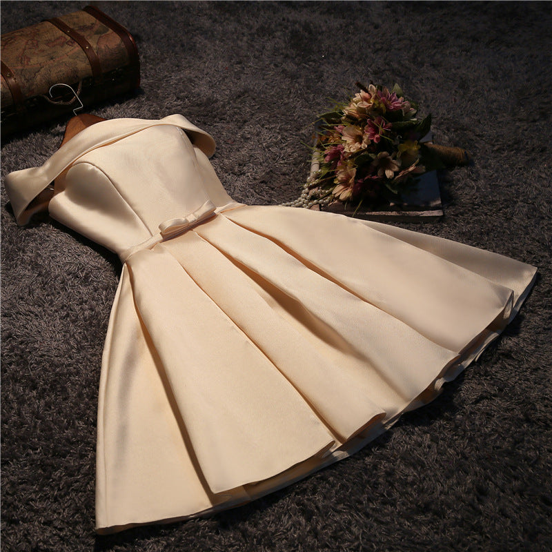 Cute Short Champagne Satin Party Dress,Off Shoulder Classy Prom Dress