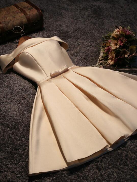 Cute Short Champagne Satin Party Dress,Off Shoulder Classy Prom Dress Main image