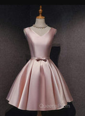 Cute Short Satin Pink V-neckline Knee Length Party Dress, Pink Evening Prom Dress Homecoming Dress