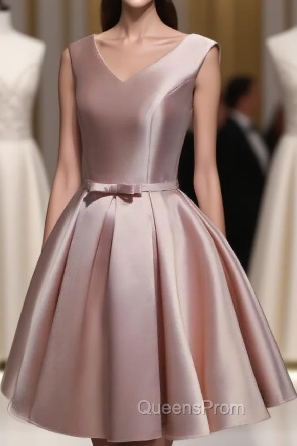 Cute Short Satin Pink V-neckline Knee Length Party Dress, Pink Evening Prom Dress Homecoming Dress