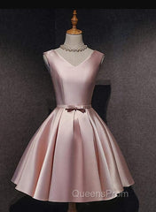 Cute Short Satin Pink V-neckline Knee Length Party Dress, Pink Evening Prom Dress Homecoming Dress