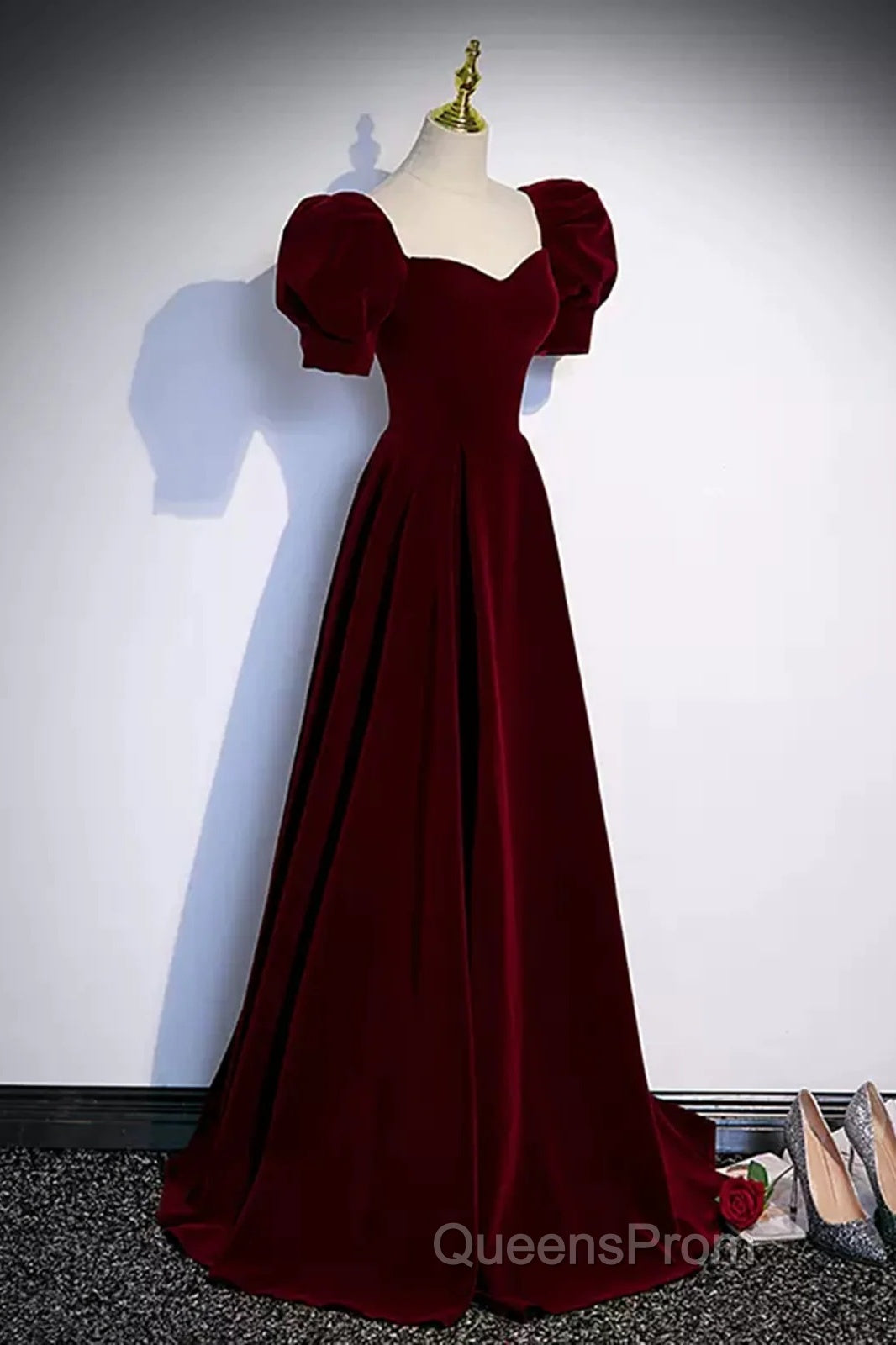 Cute Short Sleeves Burgundy Long Evening Prom Dress
