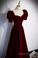 Cute Short Sleeves Burgundy Long Evening Prom Dress
