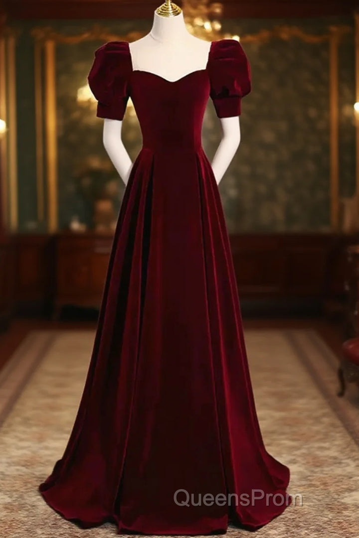 Cute Short Sleeves Burgundy Long Evening Prom Dress Main image
