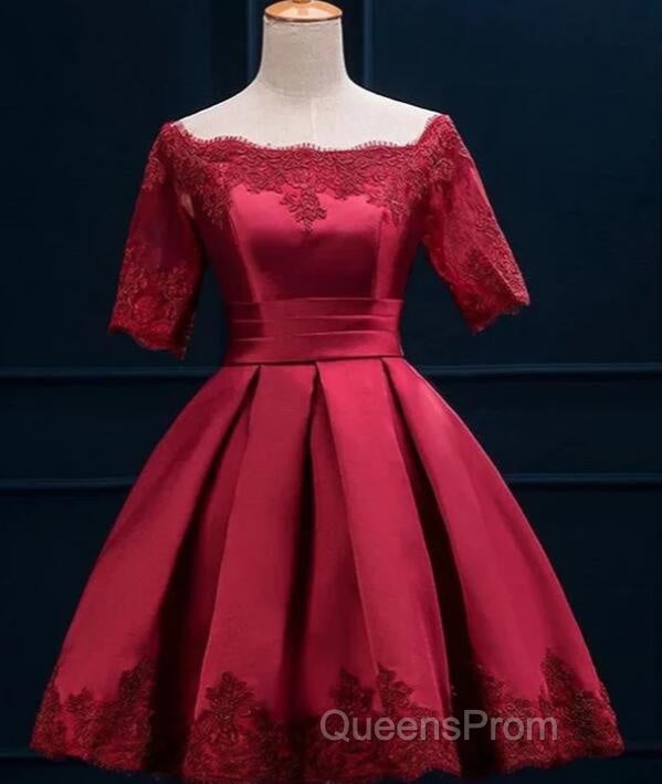 Cute Short Sleeves Satin Knee Length Party Dress, Short Homecoming Dress