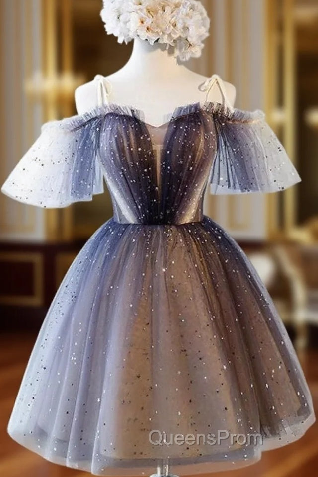 Cute Short Tulle Lace Spaghetti-Straps V-Neck Evening Prom Dress, Homecoming Dress Main image