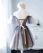 Cute Short Tulle Lace Spaghetti-Straps V-Neck Evening Prom Dress, Homecoming Dress