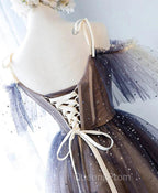 Cute Short Tulle Lace Spaghetti-Straps V-Neck Evening Prom Dress, Homecoming Dress