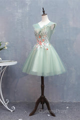 Cute Short Tulle V-Neckline With Flower Lace Party Dress Homecoming Dress, Short Formal Dress