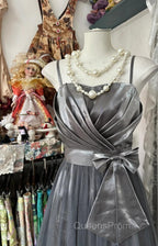 Cute Silver Grey A-Line Spaghetti Straps Tulle Satin Long Evening Prom Dress Gorgeous Birthday Dress Evening Dress