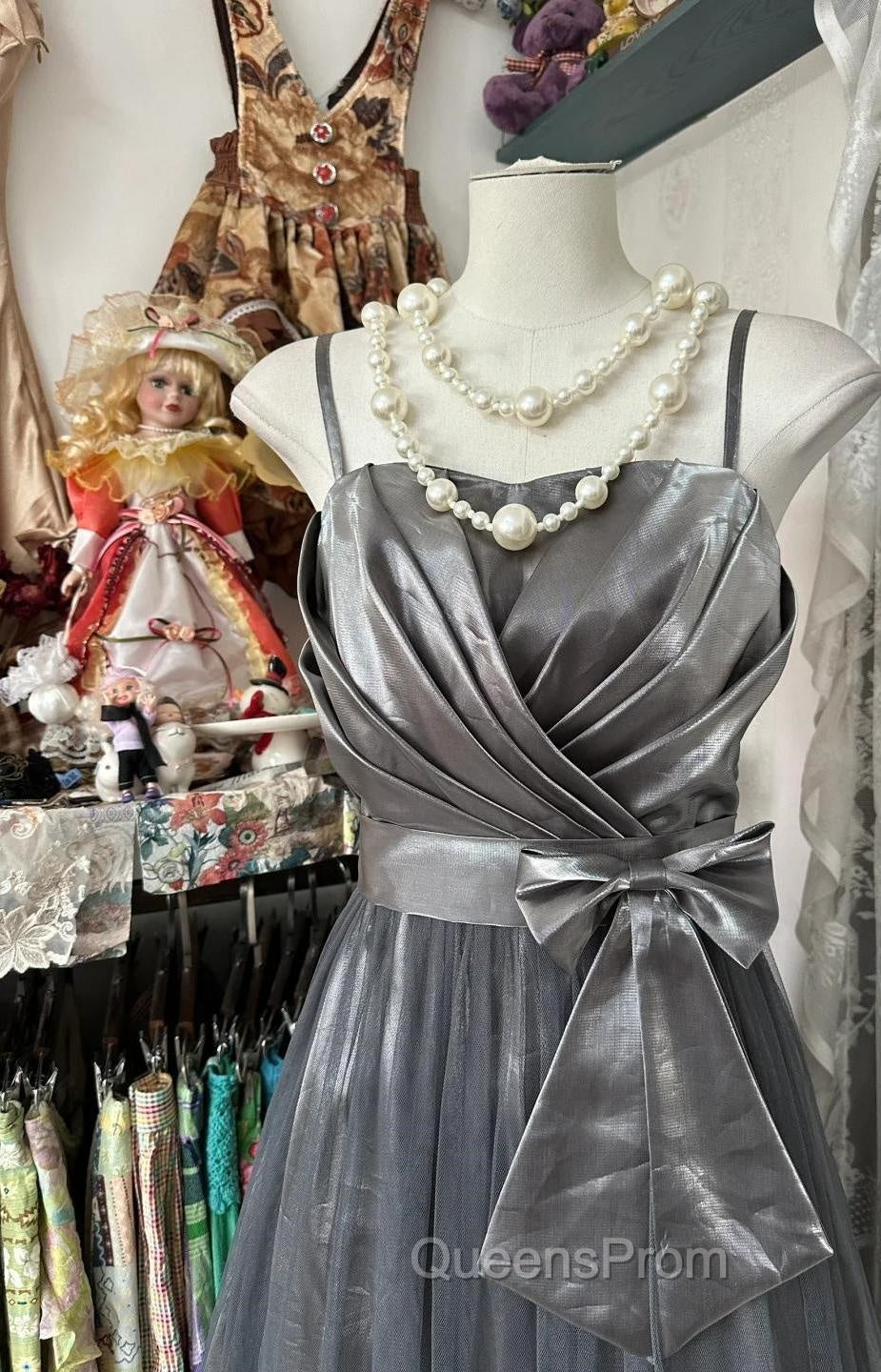 Cute Silver Grey A-Line Spaghetti Straps Tulle Satin Long Evening Prom Dress Gorgeous Birthday Dress Evening Dress