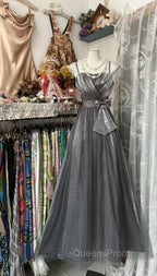 Cute Silver Grey A-Line Spaghetti Straps Tulle Satin Long Evening Prom Dress Gorgeous Birthday Dress Evening Dress