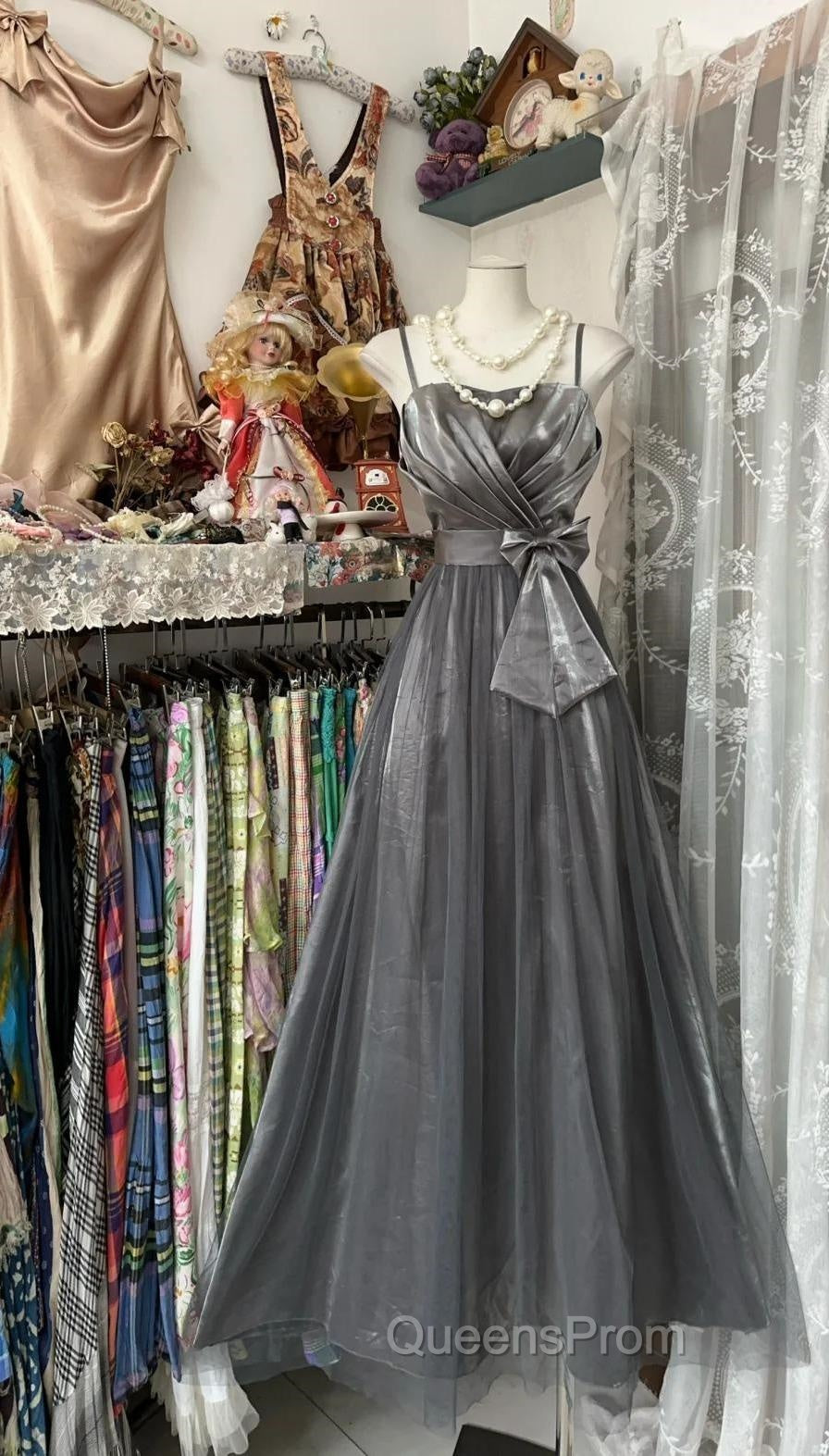 Cute Silver Grey A-Line Spaghetti Straps Tulle Satin Long Evening Prom Dress Gorgeous Birthday Dress Evening Dress
