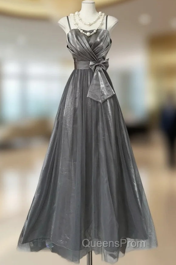 Cute Silver Grey A-Line Spaghetti Straps Tulle Satin Long Evening Prom Dress Gorgeous Birthday Dress Evening Dress Main image