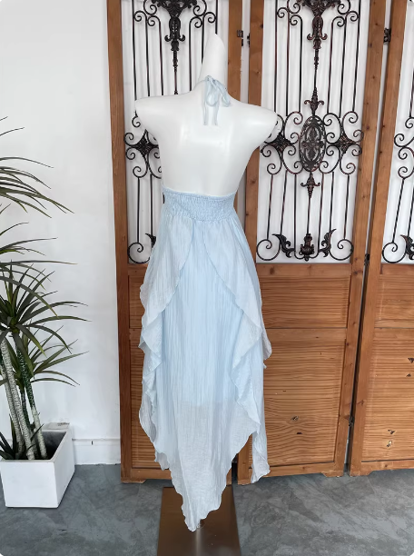 Cute Sky Blue Halter Neck Ruched Ruffled Chiffon Long Classy Prom Dress