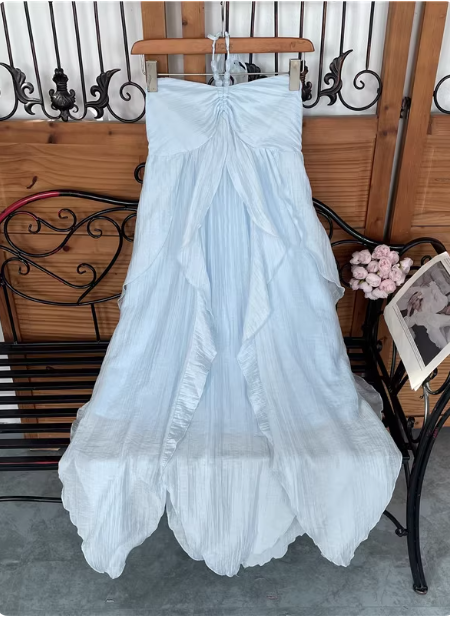 Cute Sky Blue Halter Neck Ruched Ruffled Chiffon Long Classy Prom Dress