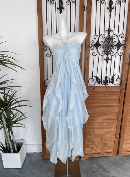Cute Sky Blue Halter Neck Ruched Ruffled Chiffon Long Classy Prom Dress Main image