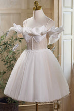 Cute Spaghetti Strap Tulle Lace Homecoming Dress, Off Shoulder Short Evening Prom Dress
