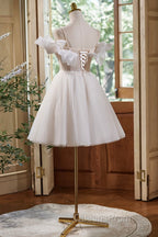 Cute Spaghetti Strap Tulle Lace Homecoming Dress, Off Shoulder Short Evening Prom Dress