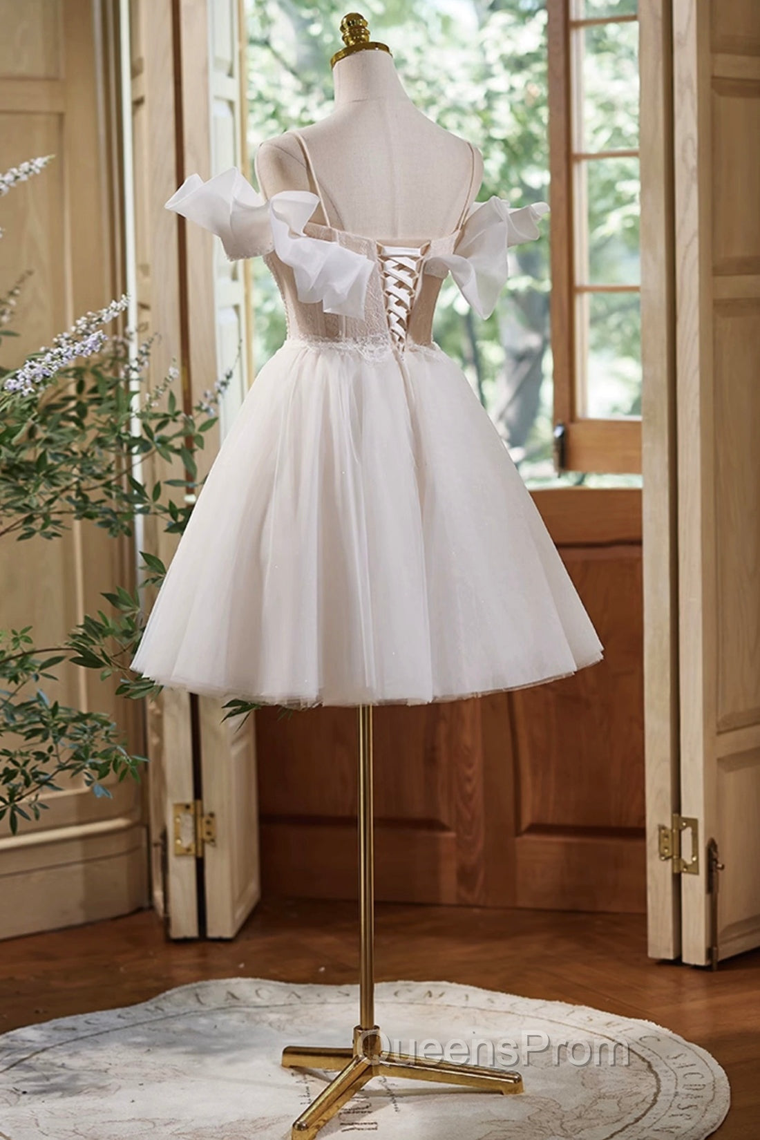 Cute Spaghetti Strap Tulle Lace Homecoming Dress, Off Shoulder Short Evening Prom Dress