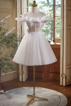 Cute Spaghetti Strap Tulle Lace Homecoming Dress, Off Shoulder Short Evening Prom Dress