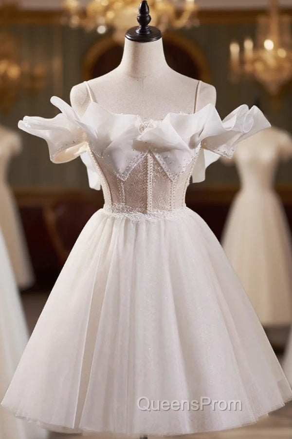Cute Spaghetti Strap Tulle Lace Homecoming Dress, Off Shoulder Short Evening Prom Dress