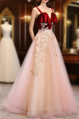 Cute Straps Velvet and Tulle Long Party Dress, A-line Evening Gown