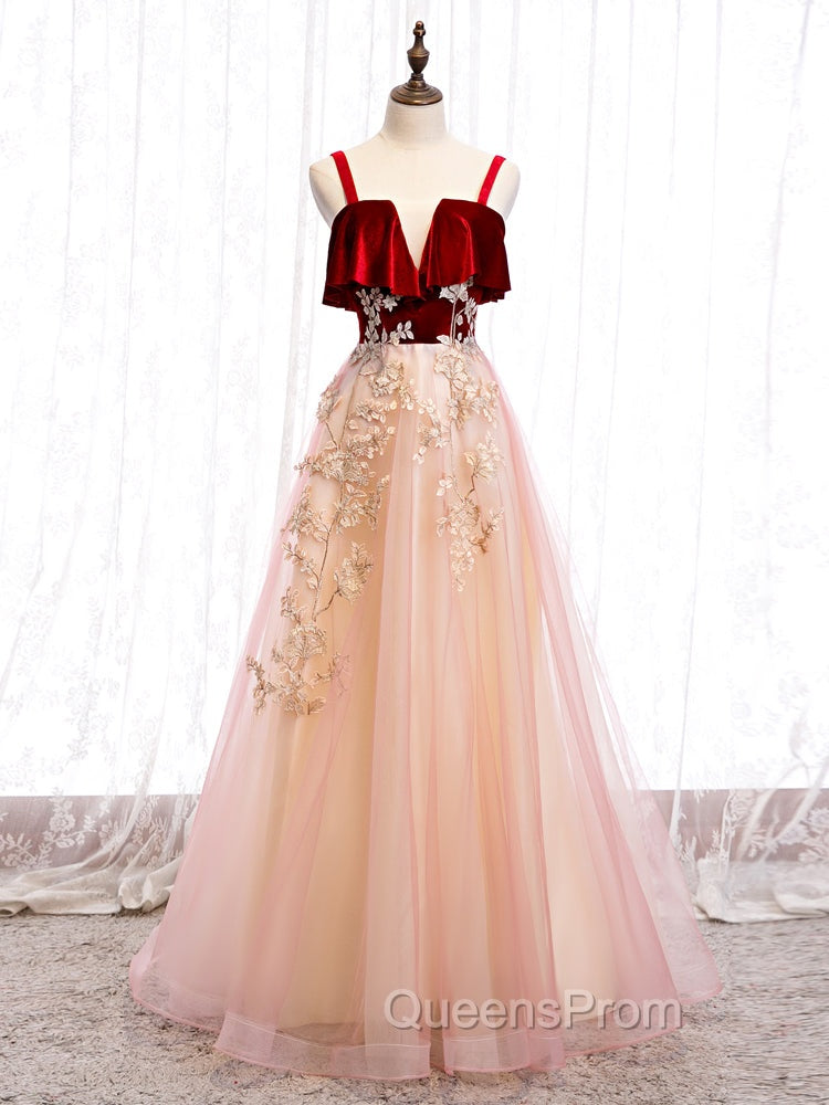 Cute Straps Velvet and Tulle Long Party Dress, A-line Evening Gown Main image