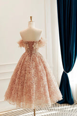 Cute Tulle Flower Short Evening Prom Dress, Beautiful Off The Shoulder A-Line Evening Party Dress