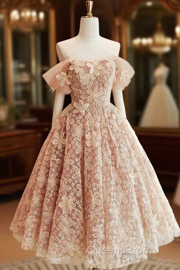 Cute Tulle Flower Short Evening Prom Dress, Beautiful Off The Shoulder A-Line Evening Party Dress Main image