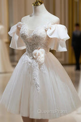 Cute Tulle Lace Homecoming Dress, Off Shoulder Short Evening Prom Dress