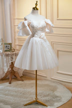Cute Tulle Lace Homecoming Dress, Off Shoulder Short Evening Prom Dress
