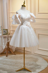 Cute Tulle Lace Homecoming Dress, Off Shoulder Short Evening Prom Dress