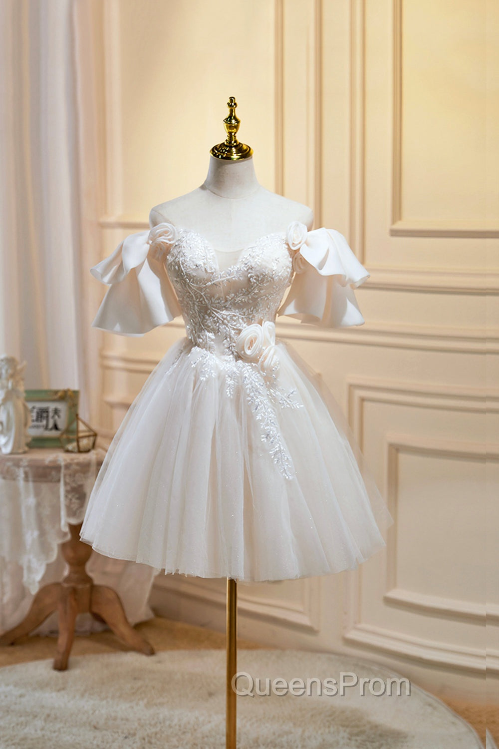 Cute Tulle Lace Homecoming Dress, Off Shoulder Short Evening Prom Dress