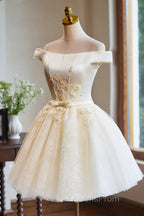 Cute Tulle Lace Knee Length Evening Prom Dress, Champagne Off the Shoulder Evening Party Dress