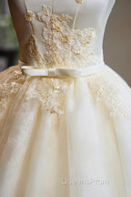 Cute Tulle Lace Knee Length Evening Prom Dress, Champagne Off the Shoulder Evening Party Dress