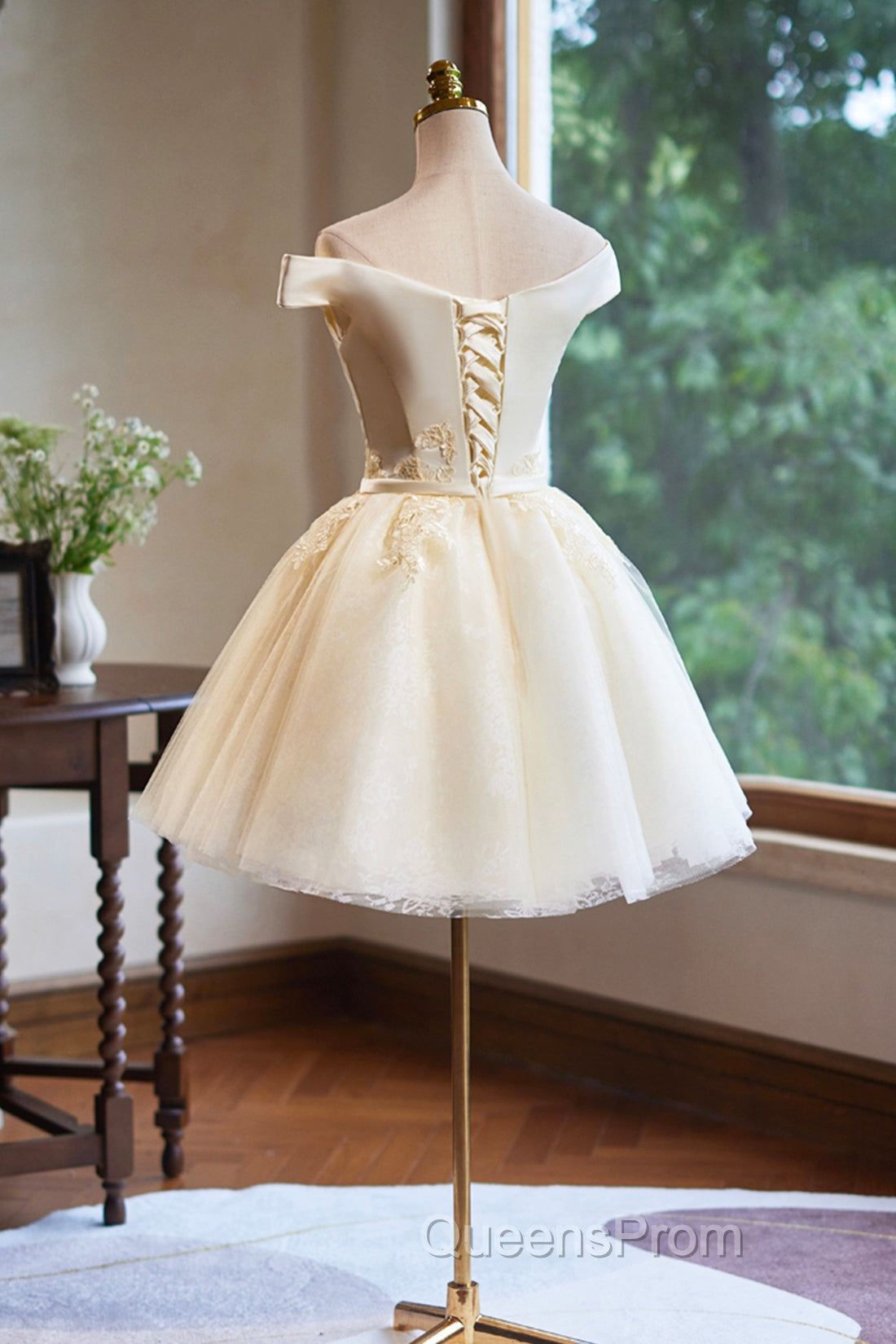 Cute Tulle Lace Knee Length Evening Prom Dress, Champagne Off the Shoulder Evening Party Dress