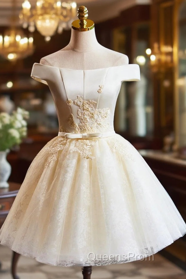 Cute Tulle Lace Knee Length Evening Prom Dress, Champagne Off the Shoulder Evening Party Dress Main image