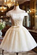 Cute Tulle Lace Knee Length Evening Prom Dress, Champagne Off the Shoulder Evening Party Dress